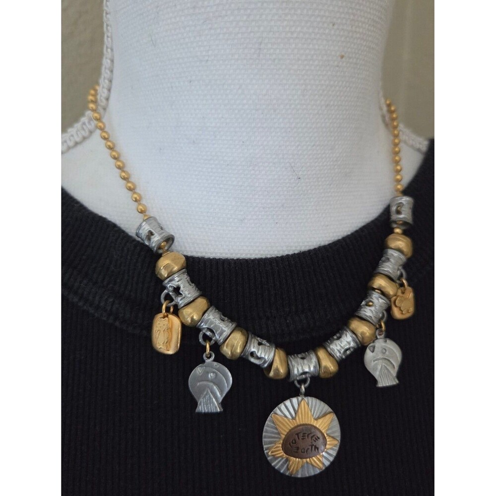 vintage liz claiborne bead collar necklace terre earth pendant mixed metal